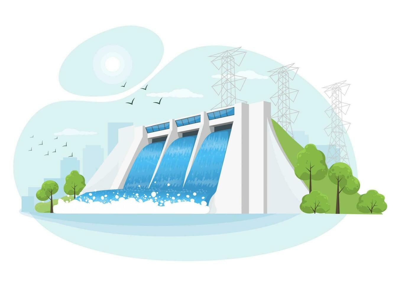 Hydroelectric clean power plant station factory. Renewable green sustainable hydropower energy generation with water flowing out reservoir dam. High-voltage power lines. I vector