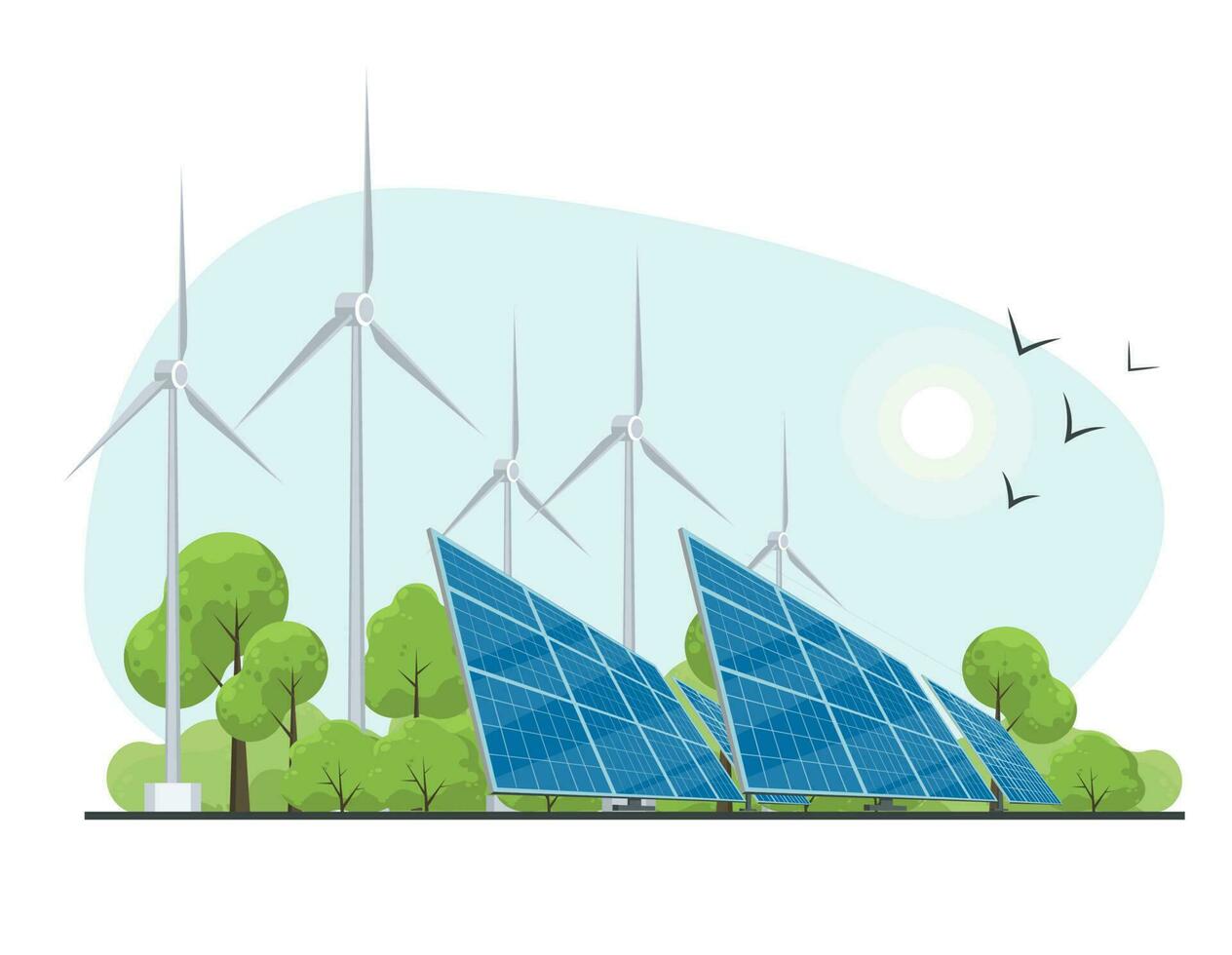 Wind and solar generation. Solar panels and wind turbines on nature background. The concept of alternative electricity production. vector