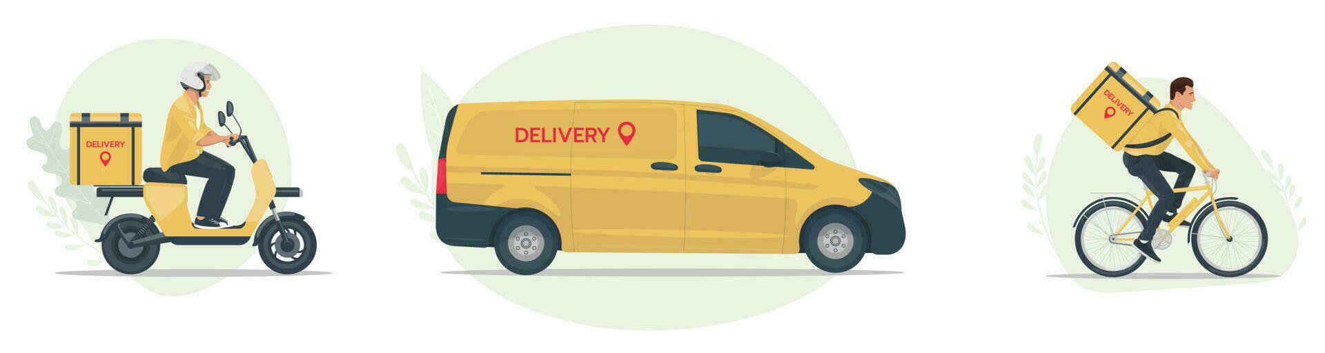 Set of online delivery illustrations. Happy courier delivers goods and food on a scooter. A delivery man on a bicycle with a bag on his shoulders. Vector illustration