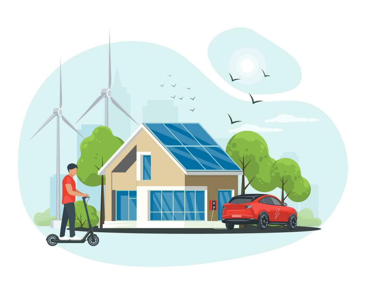 Clean green energy from renewable sources concept. A young man rides an electric scooter near an ecological modern house with windmills and solar energy panels, electric car. Vector illustration.