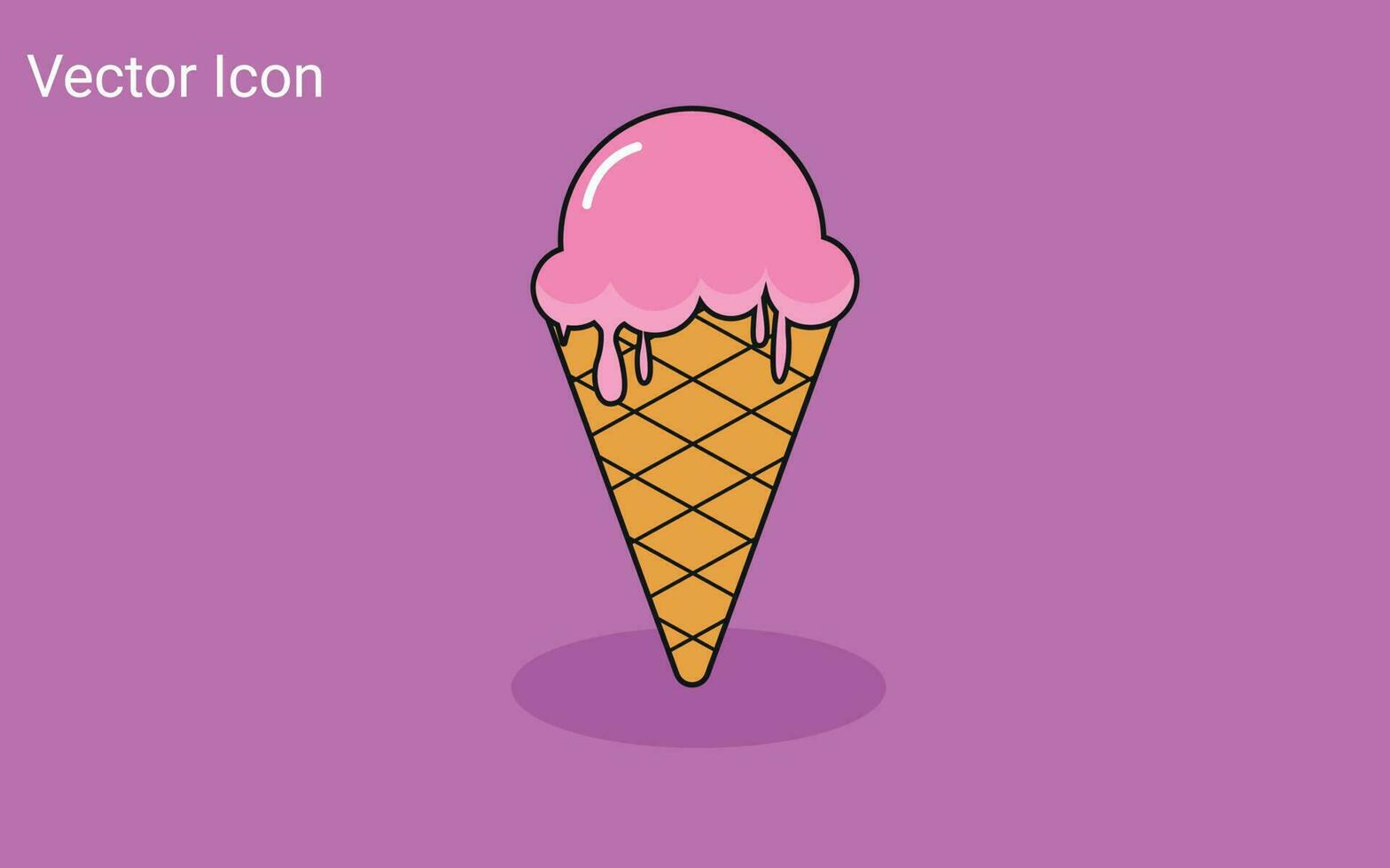 Melting ice cream balls in the waffle cone isolated on pink background. Vector flat outline icon. Comic character in cartoon style illustration for t shirt design