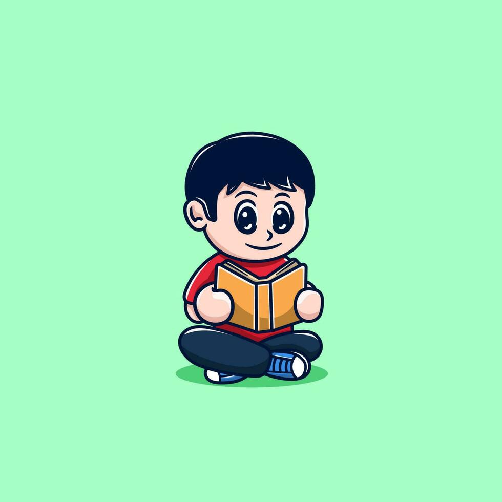 cute boy reading book cartoon vector