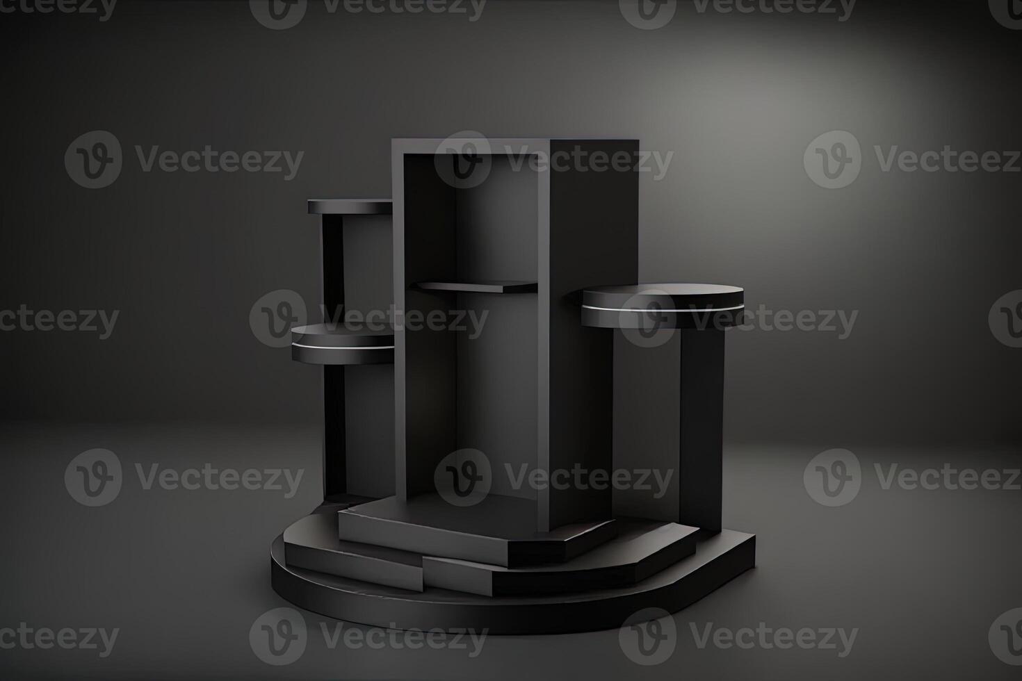 black background and product podium stand studio. Elegant black cube stand for product placement mockup. Minimal box platform showroom with spot light. photo