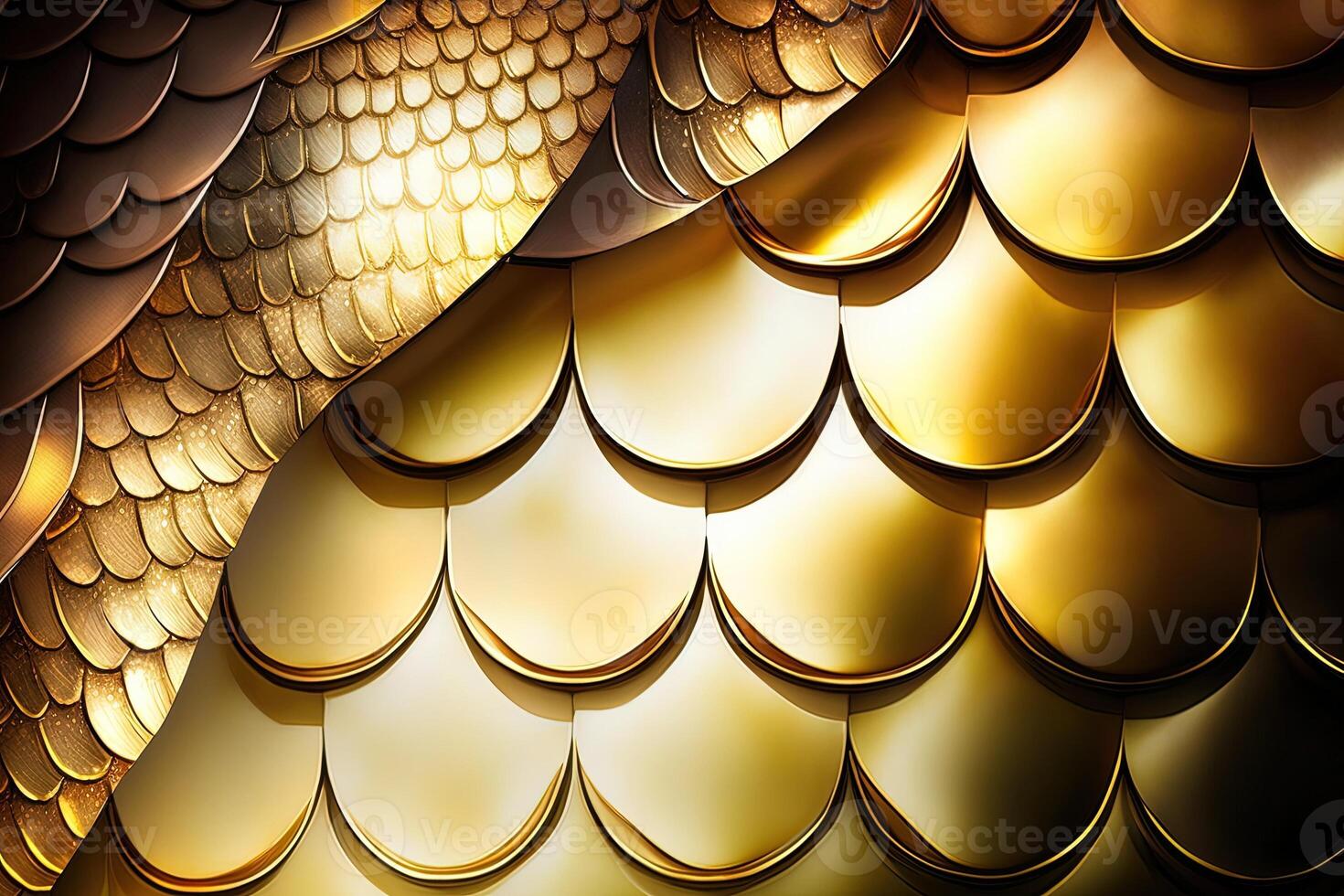 Dragon scales background - gold shining shells . Simple background made of dragon scale armor illustration . photo