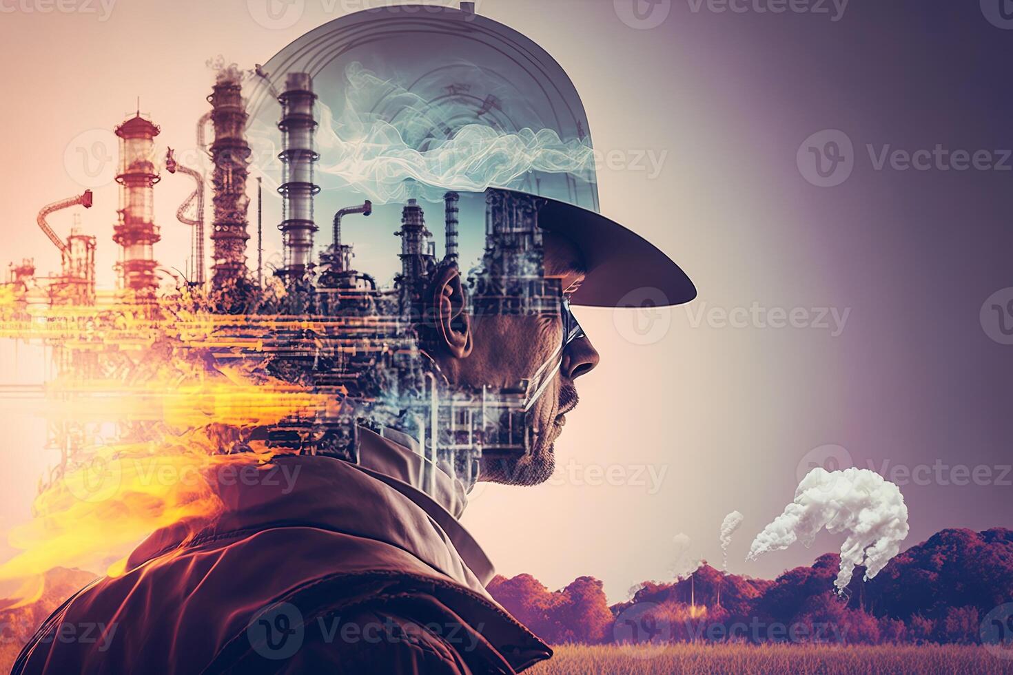 Conceptual graphic design of an energy sector and future manufacturing. With double exposure artwork, an oil, gas, and petrochemical refinery facility demonstrates the future of power. photo
