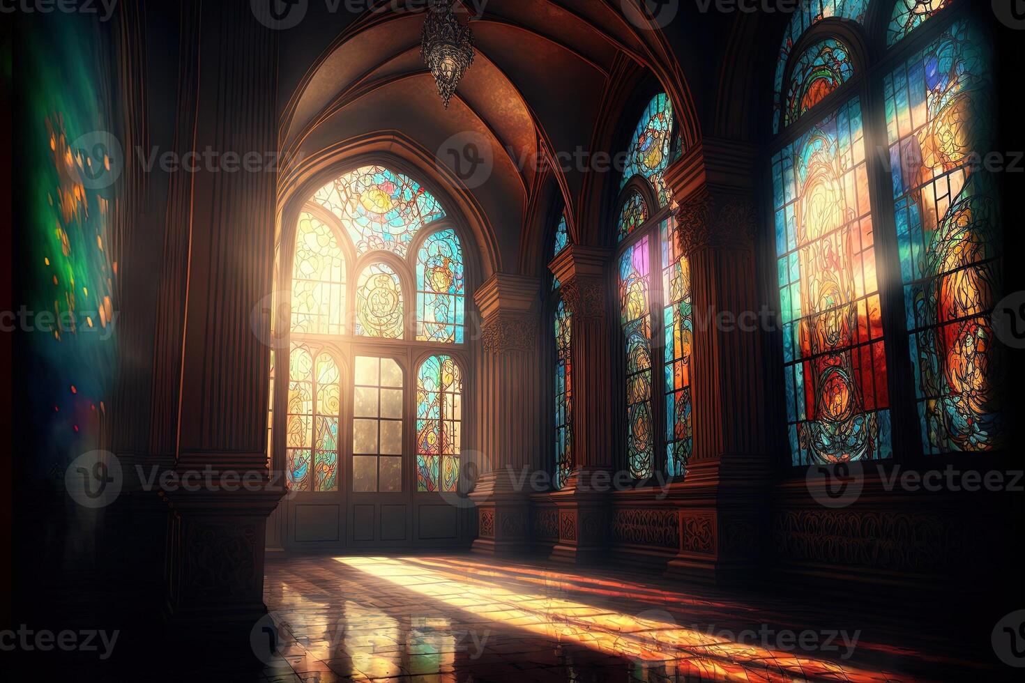 Palace interior with high stained-glass windows made of multicolored glass, an old majestic hall, sun rays through the windows. Dark fantasy interior. photo