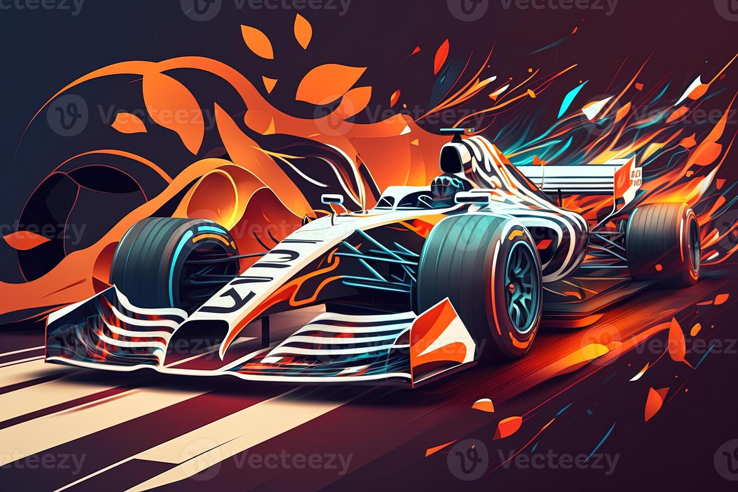 Futuristic racing formula at fast ride to finish. Post product digital illustration. Racing car in motion, Powerful acceleration of a car on a night track with colorful lights and trails photo