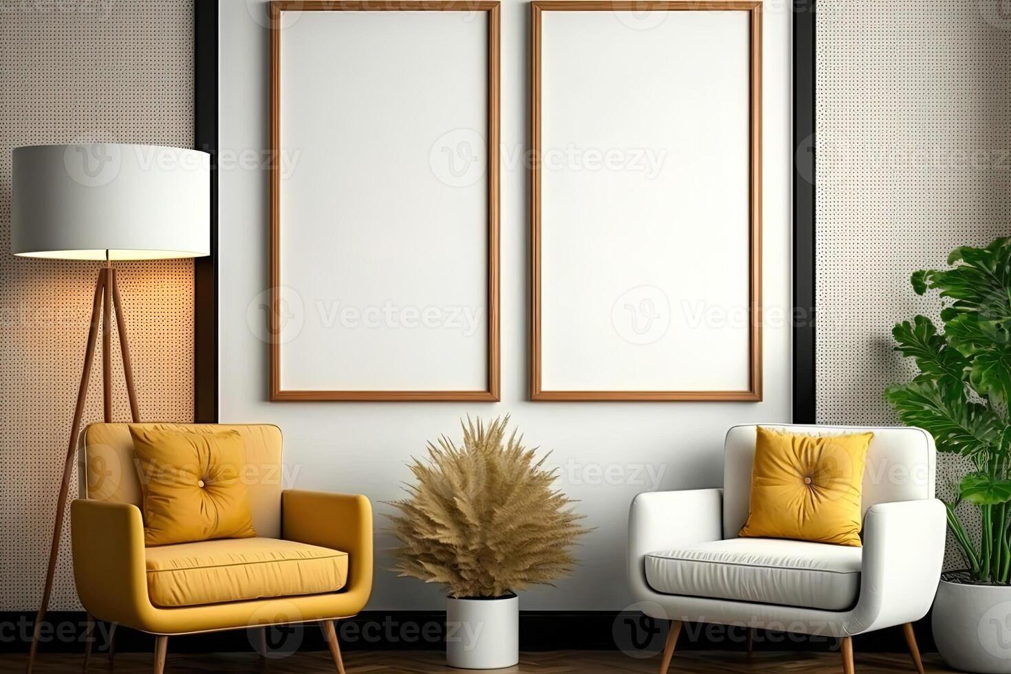 Two Vertical Blank Picture Frame Mockup on The Wall, Mid Century Living Room - . Blank picture frame mockup on wall in modern interior. Artwork template mock up in interior design. photo