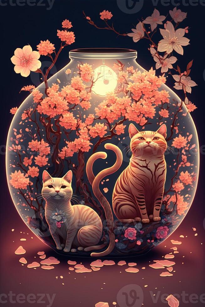 abstract design chinese new year cute cats with spring colors, surreal fantasy, peach flower. Happy new year concept 2023. Year of Cat. Lunar new year photo