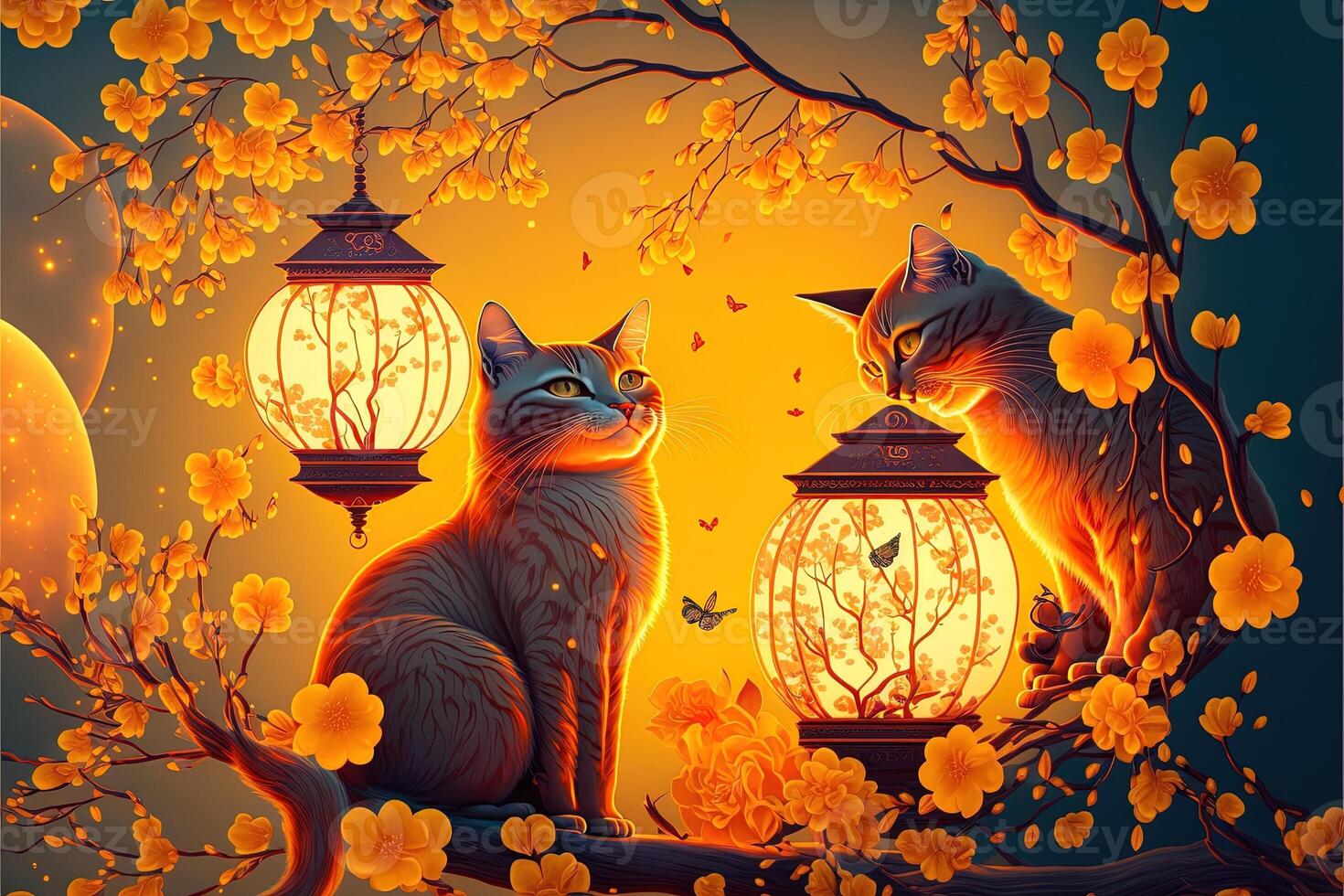 abstract design chinese new year cute cats with spring colors, surreal fantasy, Apricot blossom. Happy new year concept 2023. Year of Cat. Lunar new year photo