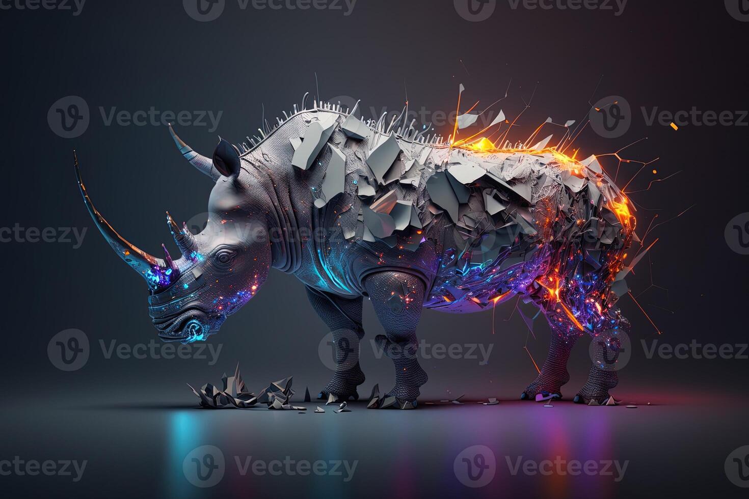 fusion of metal Rhino exploding through fire surrounded by scattered glass shards and debris, cosmic energy photo