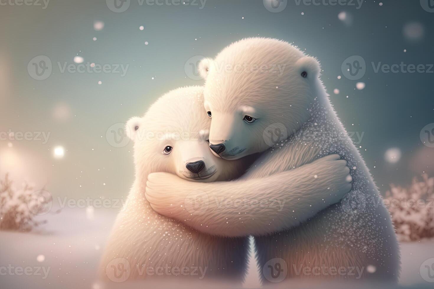 dos linda polar abrazo juntos en blanco nieve antecedentes. madre y bebé polar oso acurrucarse como familia en nieve en invierno. generativo ai foto