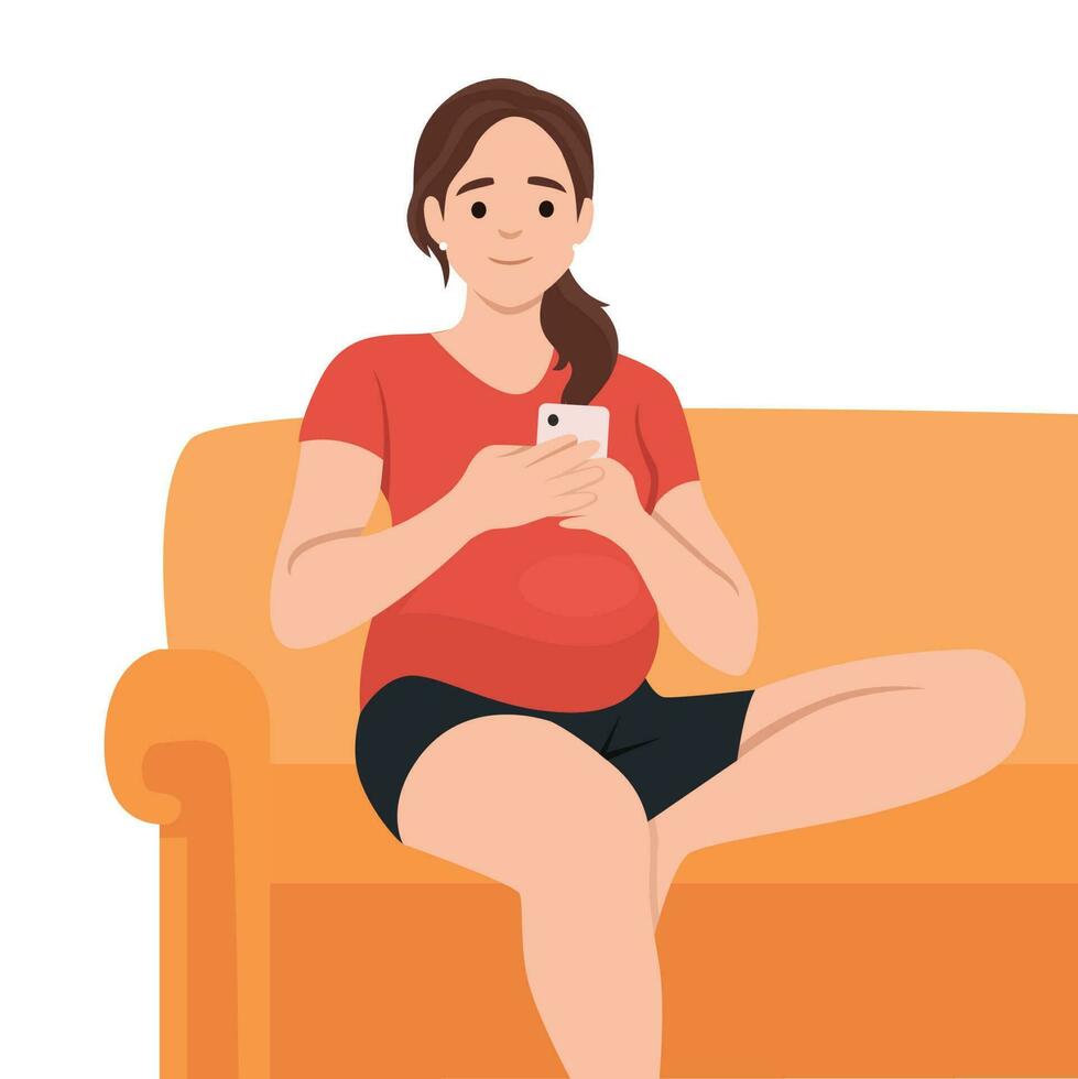 vector ilustración de un embarazada mujer utilizando un teléfono inteligente en el habitación sentado en un sofá