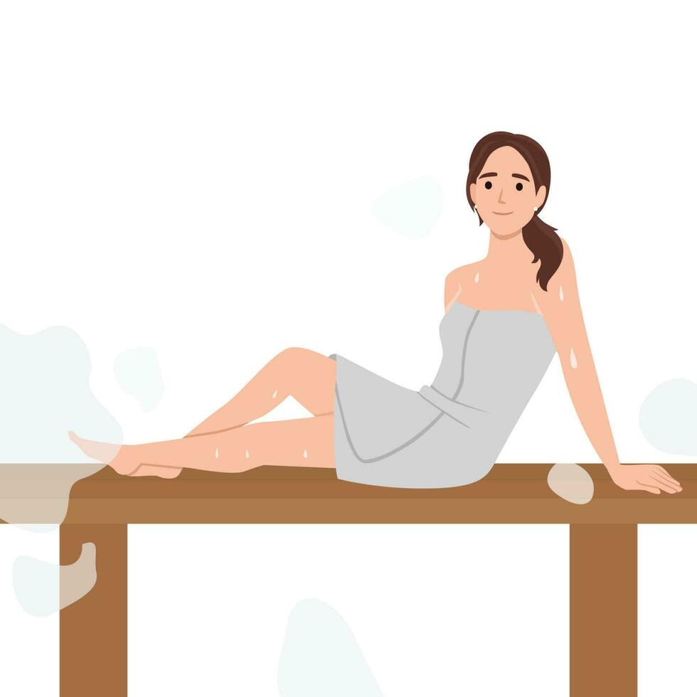 Woman in felt hat wrapped in body towel sits, sweating on bench in sauna. Girl relaxes, enjoys in bathhouse. Lady spends time at spa. Health recovering procedure vector