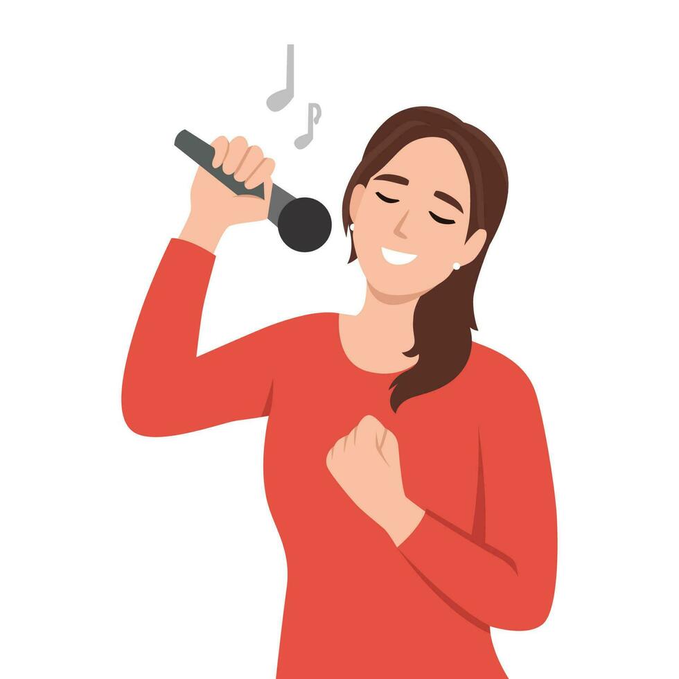 Woman sings in karaoke standing near friends covering ears due to unbearable voice or high volume. Girl suffering from stress performs songs in Karaoke, preventing people around from relaxing vector