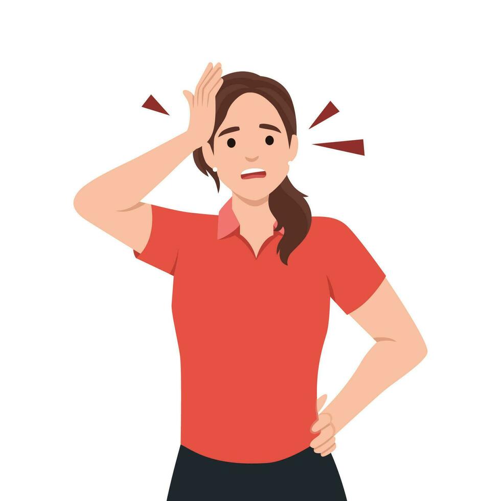 woman surprised with hand on head for mistake, woman forgot something with hand on her head. vector