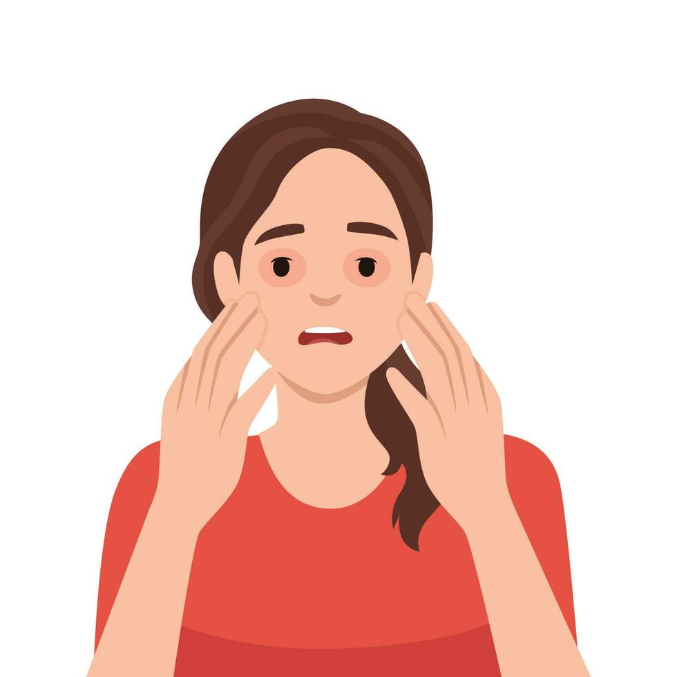 Sad woman with dry reddened eyes due to irritation or allergic reaction caused by food or lack of sleep and rest. Sick girl with allergy symptoms needs to take medicines or use cosmetics vector