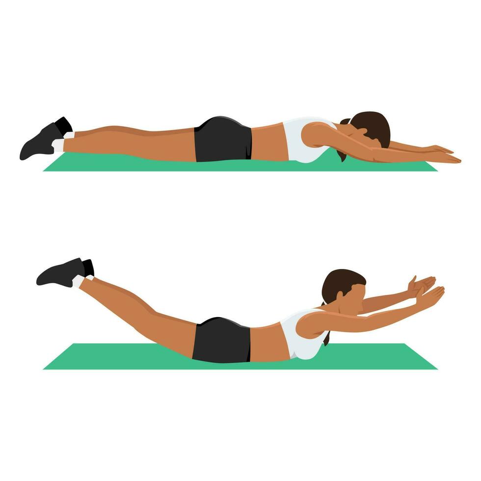 aptitud y ejercicio. un mujer es haciendo Deportes ejercicios. superhombre estirar. rutina de ejercicio para espalda y abdominales. aptitud para peso pérdida. plano vector