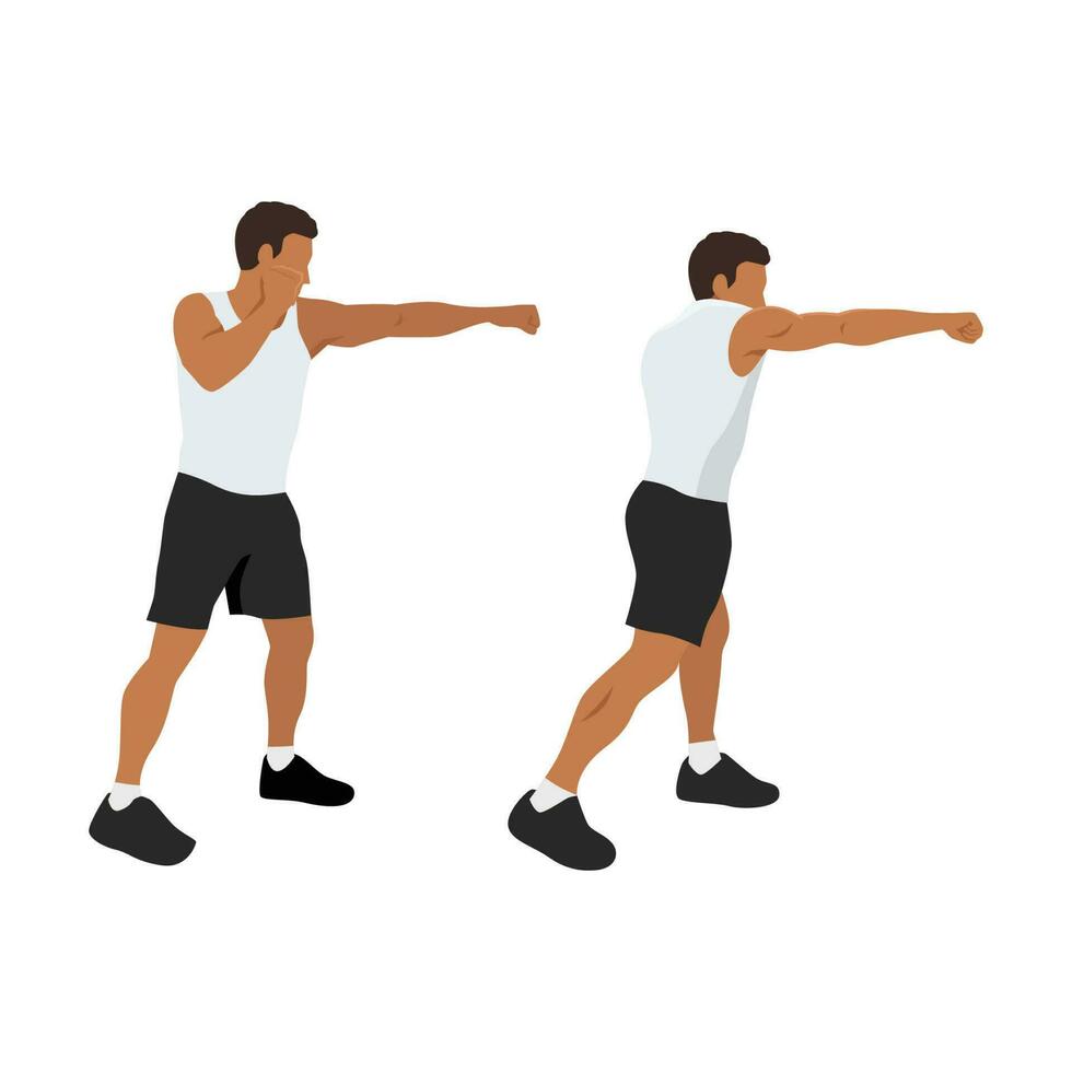 Sporty man during boxing exercise making direct hit. vector
