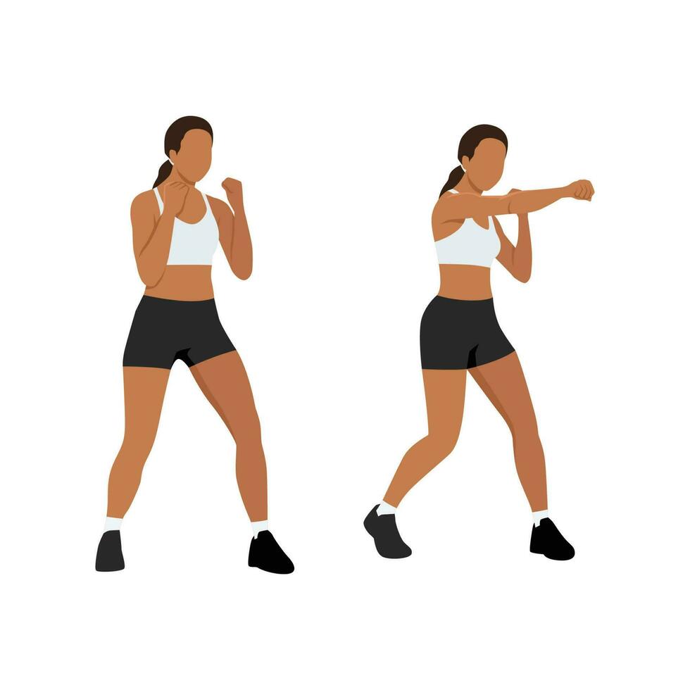 Young woman doing punching exercises. Fitness woman working on martial arts punches at a gym. vector