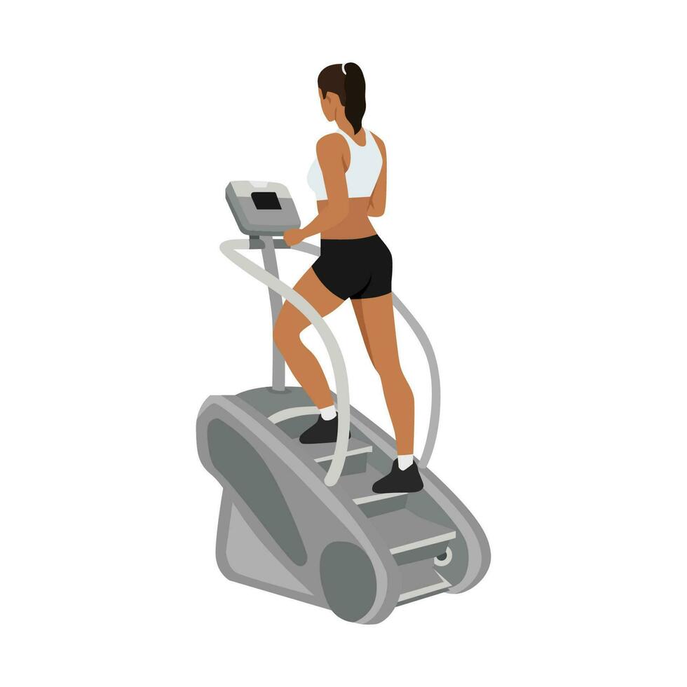 mujer personaje haciendo cardio, escalera Maestro ejercicio. plano vector ilustración