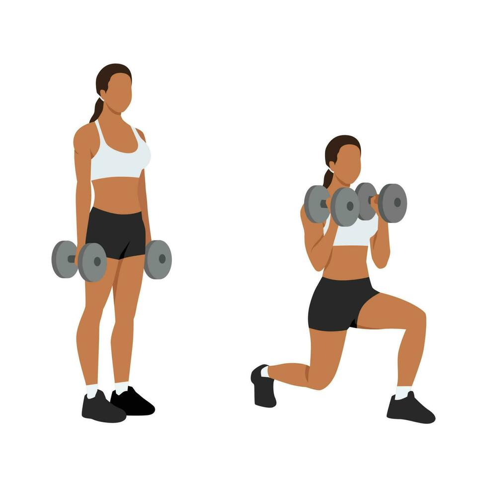 Woman doing Lunging. Lunge with bicep hammer curls exercise vector