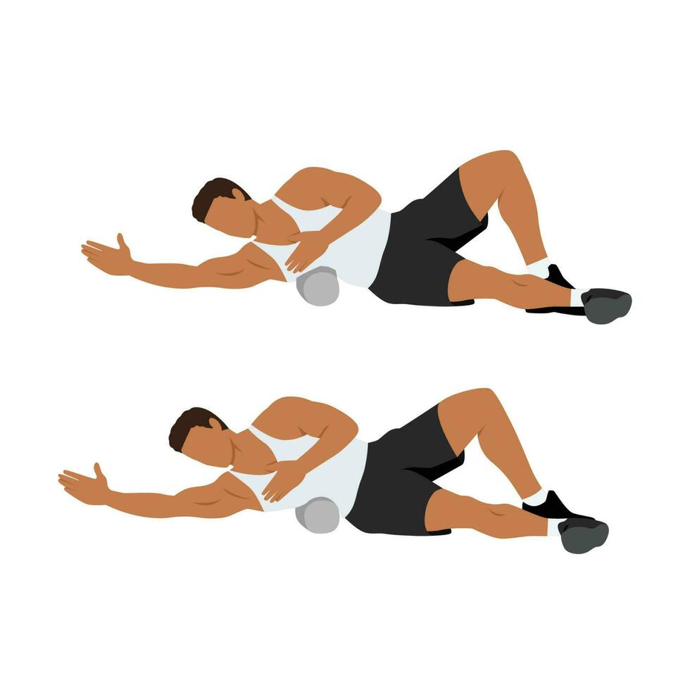 Man doing foam roller lat stretch exercise. vector