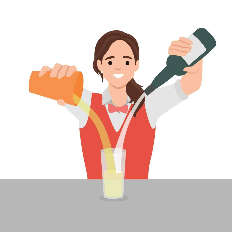 Bartender in uniform making cocktail at bar. Smiling female waitress make drink in restaurant at counter. Alcohol and beverage. vector