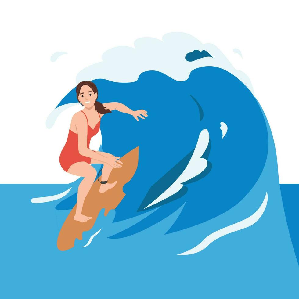 Young surf girl riding ocean wave on board, summer surfing activity, sports recreation, sea leisure hobby. Excited smiling woman in bikini having outdoors fun and adventure vector