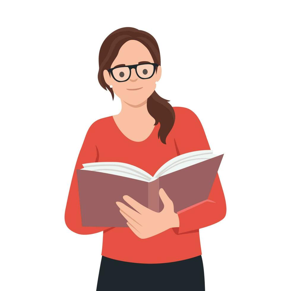 Dark haired girl reading a big Book while standing. Young woman. Beautiful clothes. Read more books concept. vector