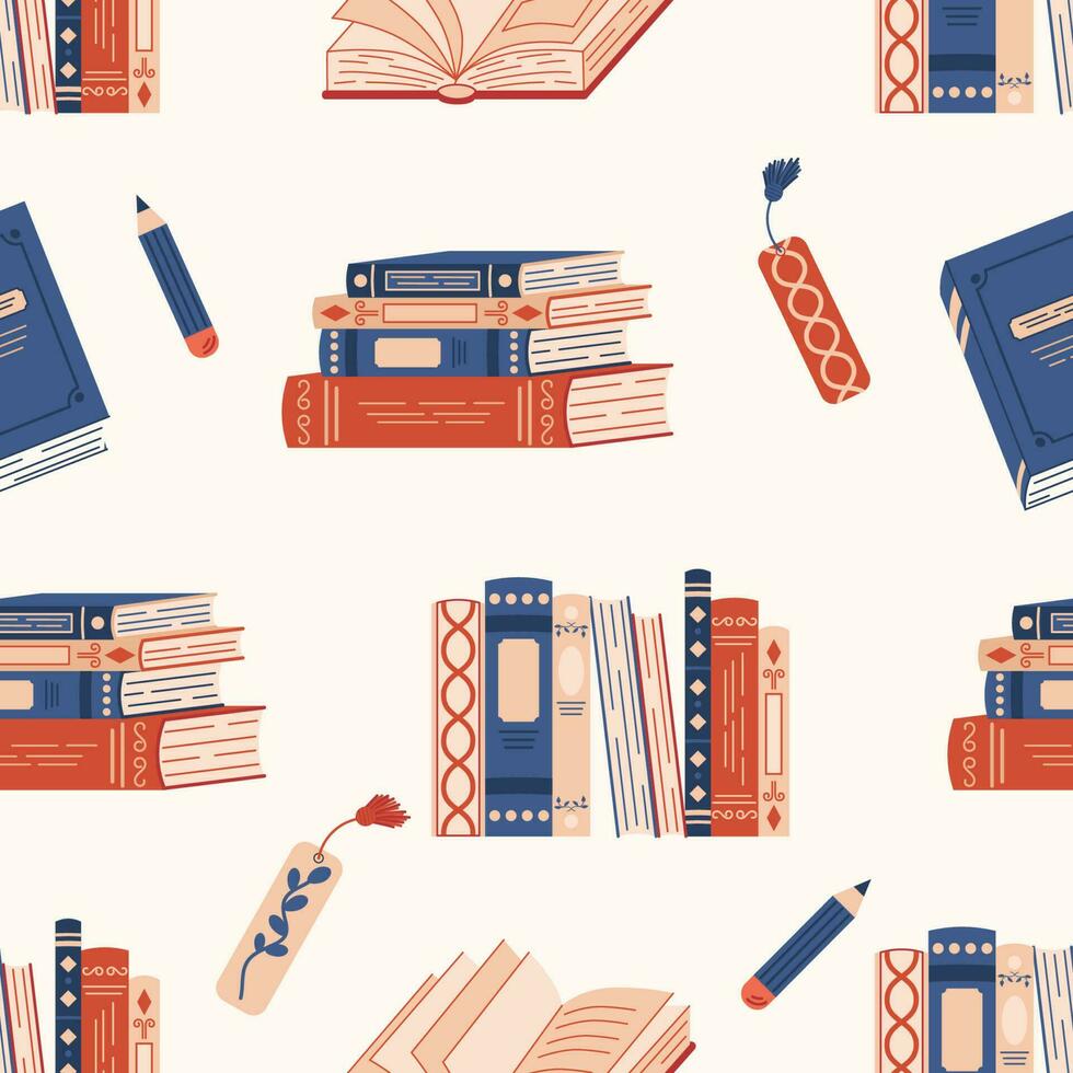 Pattern with colorful books and bookmarks. Hand drown cartoon illustration of book stacks. vector