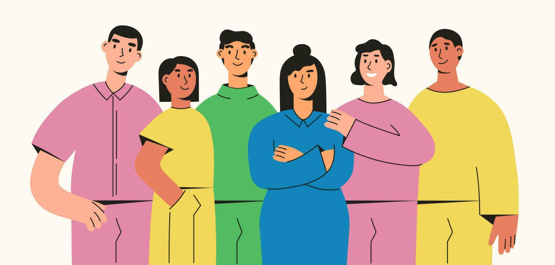 Set of abstract character. Community, support, teamwork concept. Coworkers or friends are standing, hugging together. Colored flat graphic vector illustration.