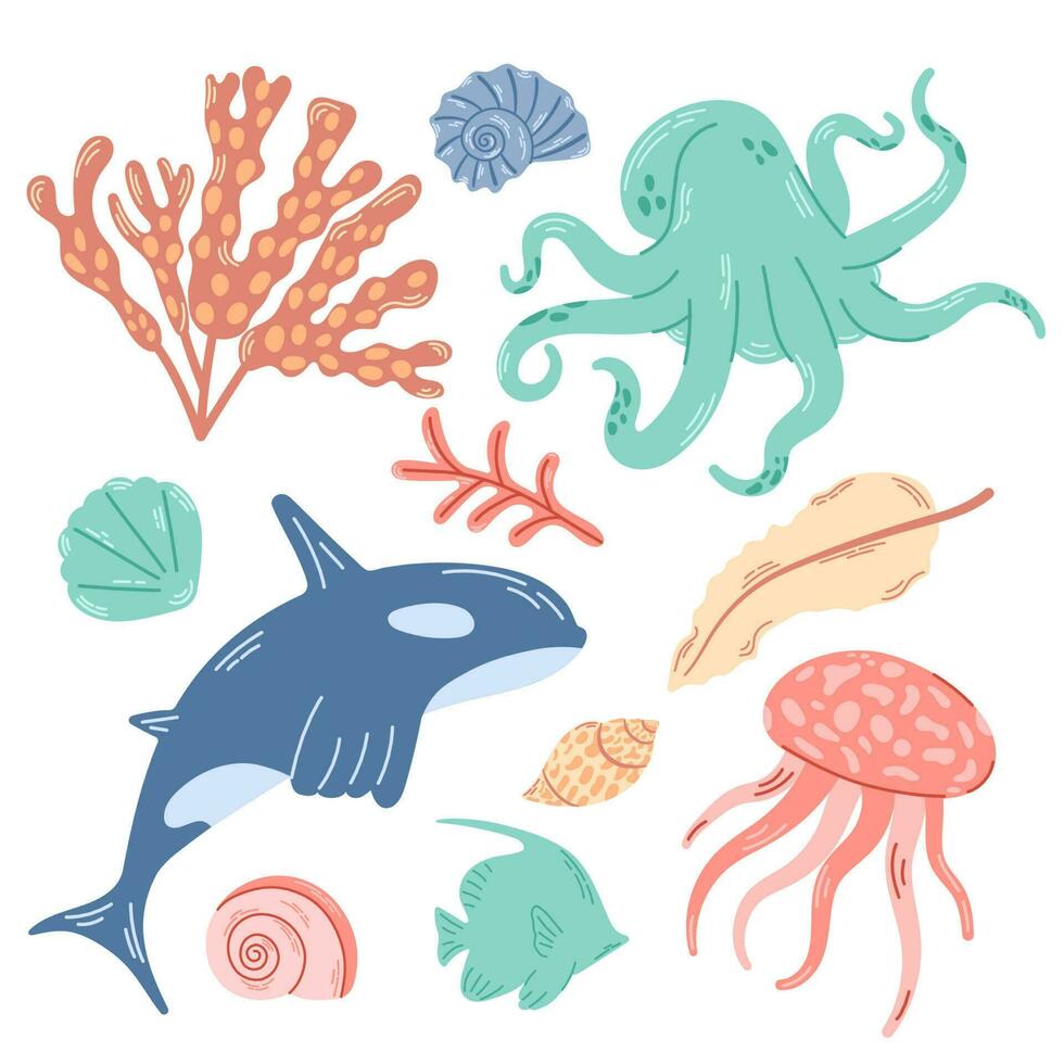 Square background with marine animals and plants. Bright illustration of killer whale, octopus, jellyfish and shells with algae. vector