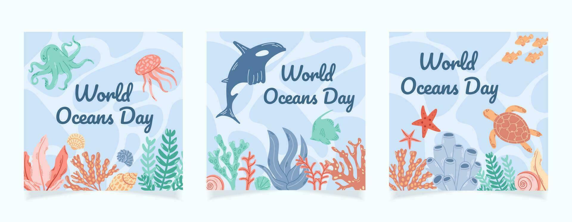 Hand drawn world oceans day instagram posts collection. Sea inhabitants, shells and corals on blue water abstract background with waves. vector