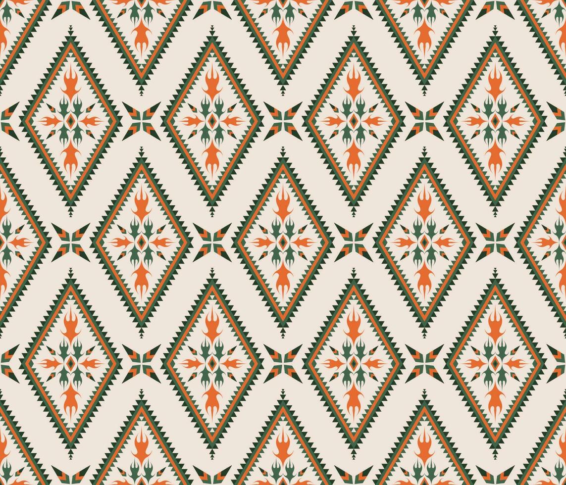 étnico gente geométrico sin costura modelo en naranja y verde vector ilustración diseño para tela, estera, alfombra, bufanda, envase papel, loseta y más