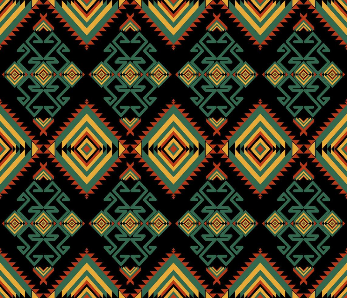 Ethnic folk geometric seamless pattern in red, green and yellow vector illustration design for fabric, mat, carpet, scarf, wrapping paper, tile and more