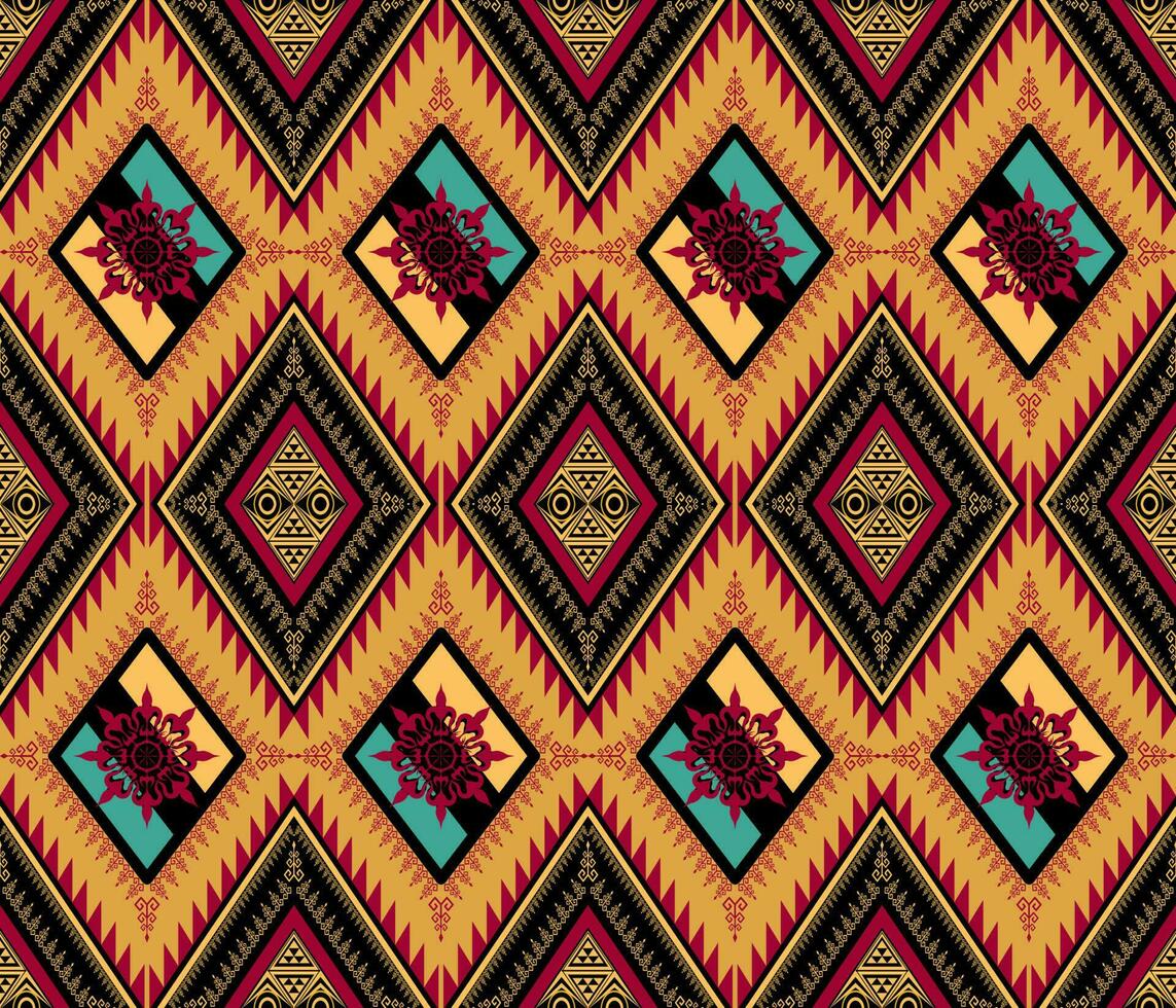 Ethnic folk geometric seamless pattern in red and yellow in vector illustration design for fabric, mat, carpet, scarf, wrapping paper, tile and more