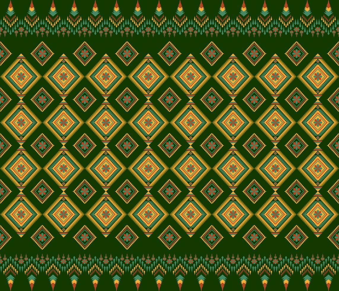 Ethnic folk geometric seamless pattern in yellow and green in vector illustration design for fabric, mat, carpet, scarf, wrapping paper, tile and more