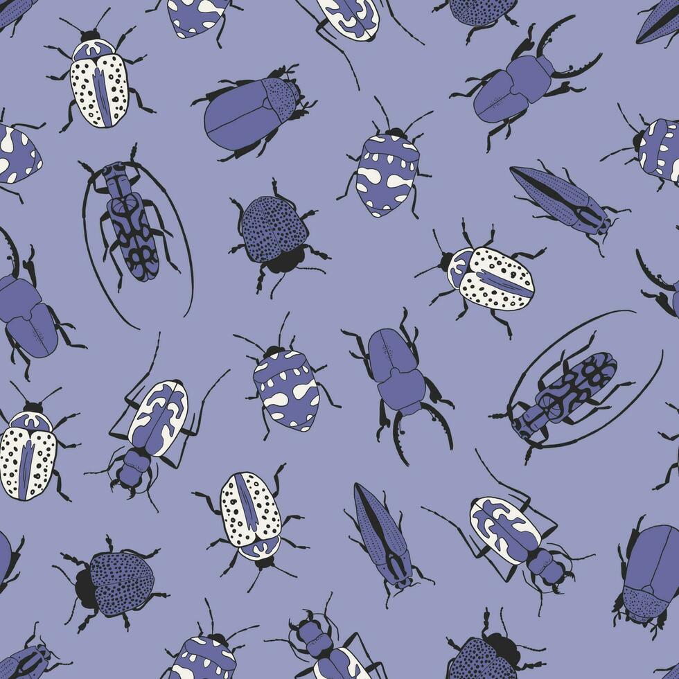 Seamless pattern with hand drawn beetles on washed blue background. Different types of bugs vector