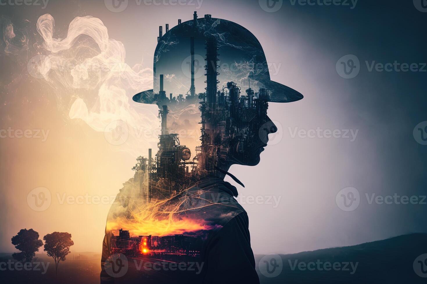Conceptual graphic design of an energy sector and future manufacturing. With double exposure artwork, an oil, gas, and petrochemical refinery facility demonstrates the future of power. photo
