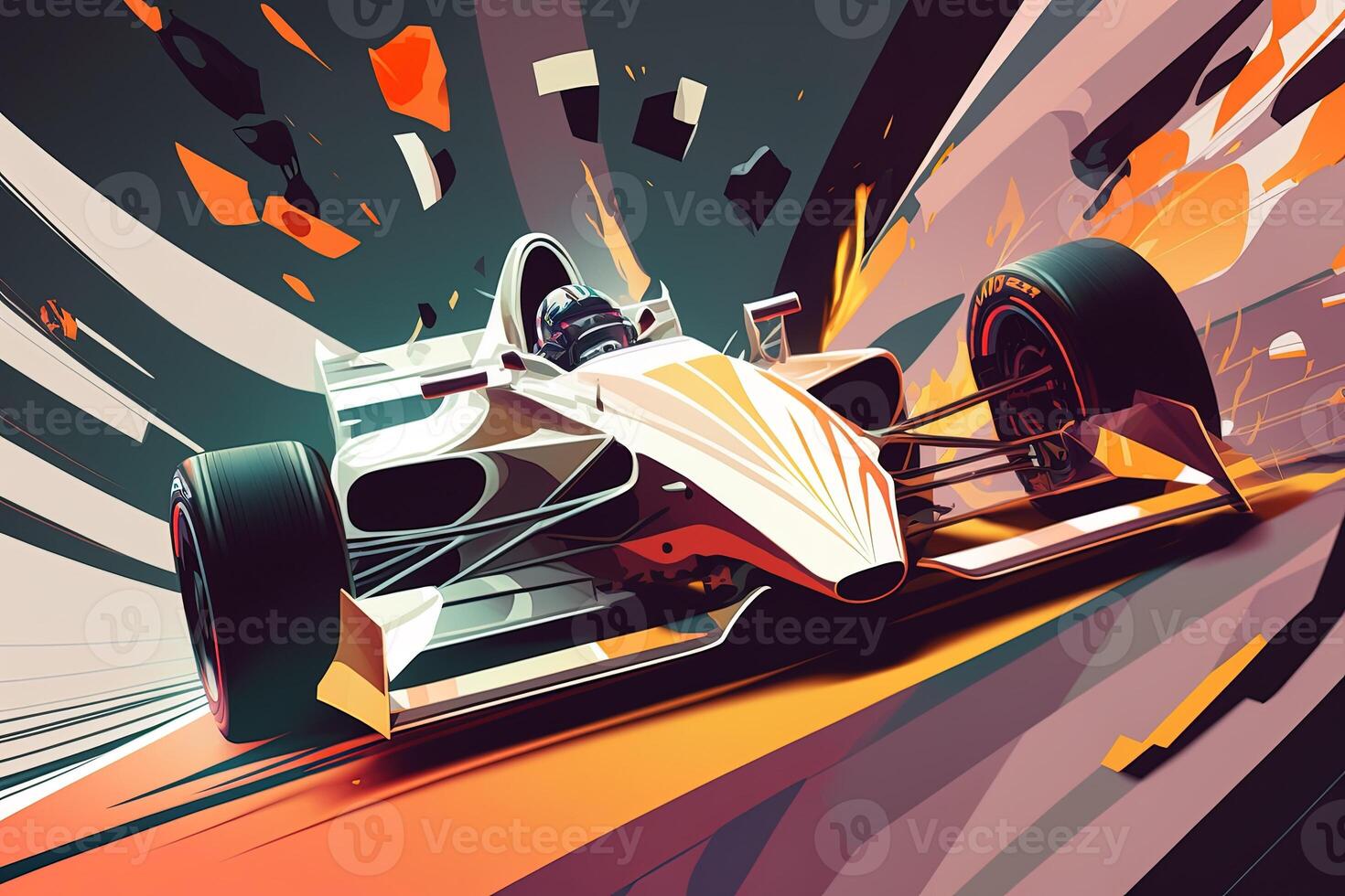 Futuristic racing formula at fast ride to finish. Post product digital illustration. Racing car in motion, Powerful acceleration of a car on a night track with colorful lights and trails photo