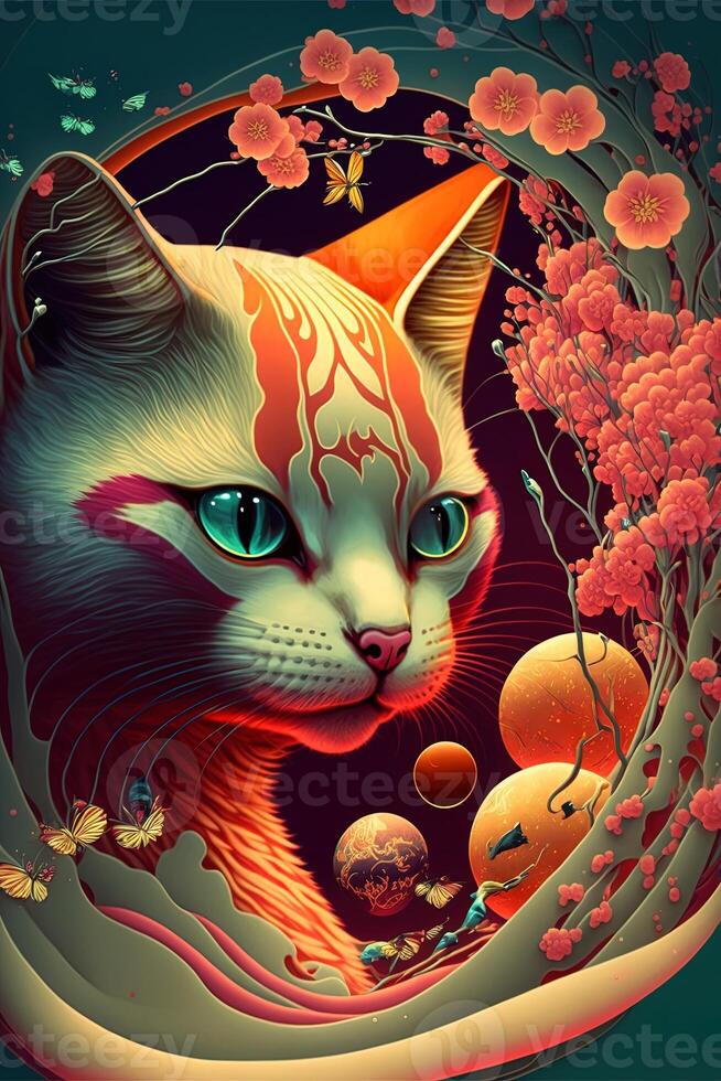 abstract design chinese new year cute cats with spring colors, surreal fantasy, peach flower. Happy new year concept 2023. Year of Cat. Lunar new year photo
