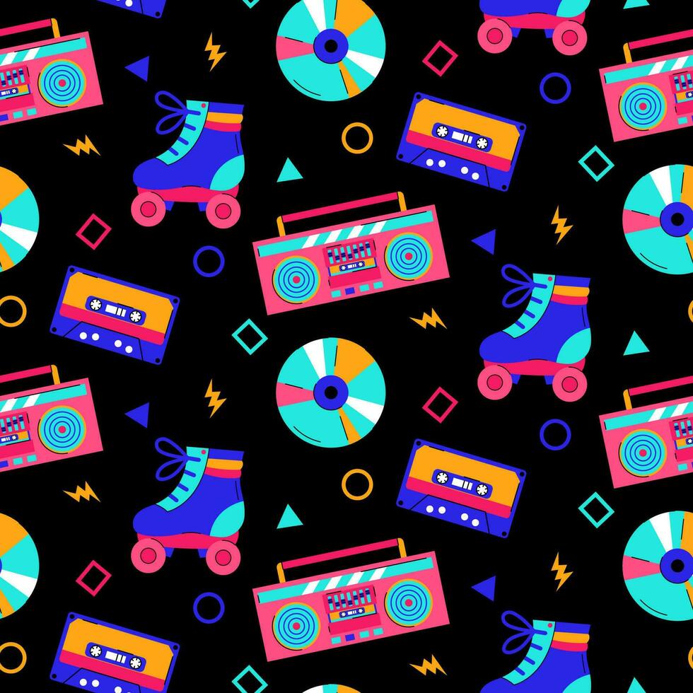 Colorful trendy seamless pattern with 80s-90s elements on black background. vector