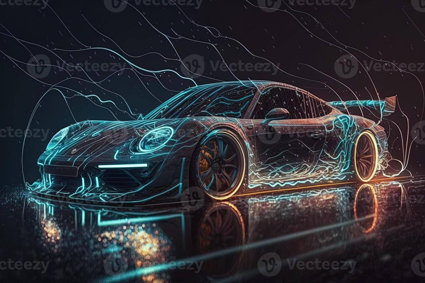 hyper car neon background . Streamline test over the modern car design, diffuse plastic optic, some glowing contours illuminate the car details, dark scene, cinematic lightning photo