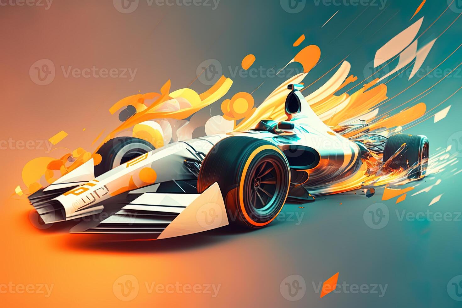 Futuristic racing formula at fast ride to finish. Post product digital illustration. Racing car in motion, Powerful acceleration of a car on a night track with colorful lights and trails photo