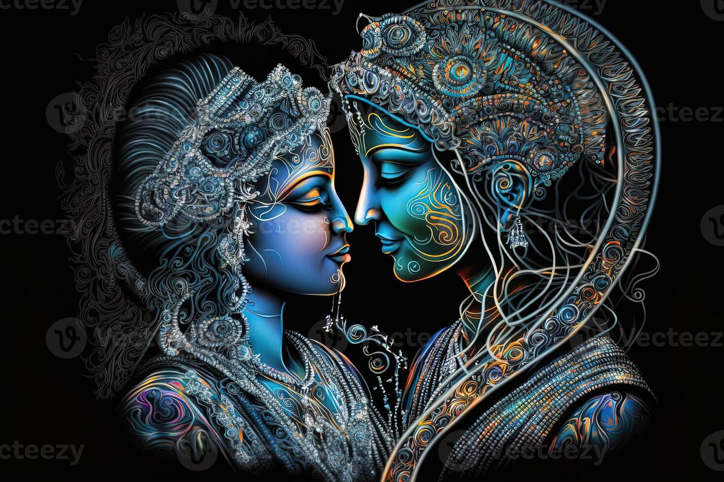 Radha krishna in love medium shot photography portrait of cosmic galactic . symbol of Devine Love. Art Print For Home Decor hindu couple on abstract decorative background photo