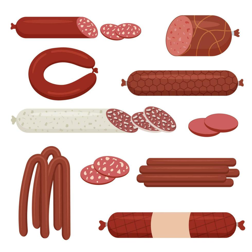 A set of different smoked sausages. Meat product. food. Vector illustration.