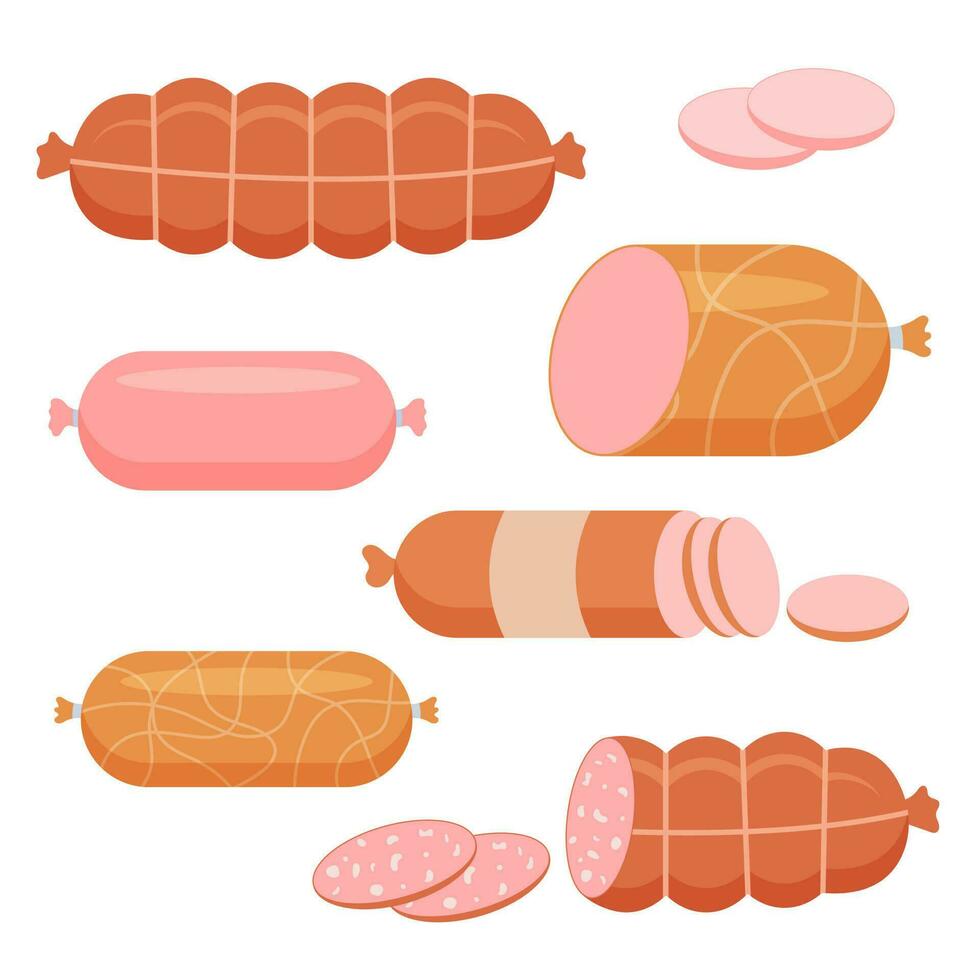 A set of different cooked sausages. Meat product. food. Vector illustration.