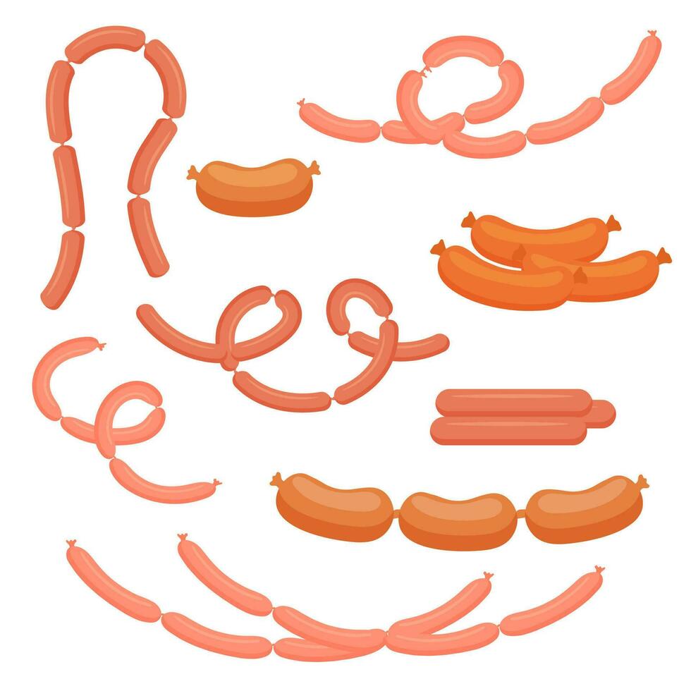 A set of smoked sausages. Meat product. food. Vector illustration.