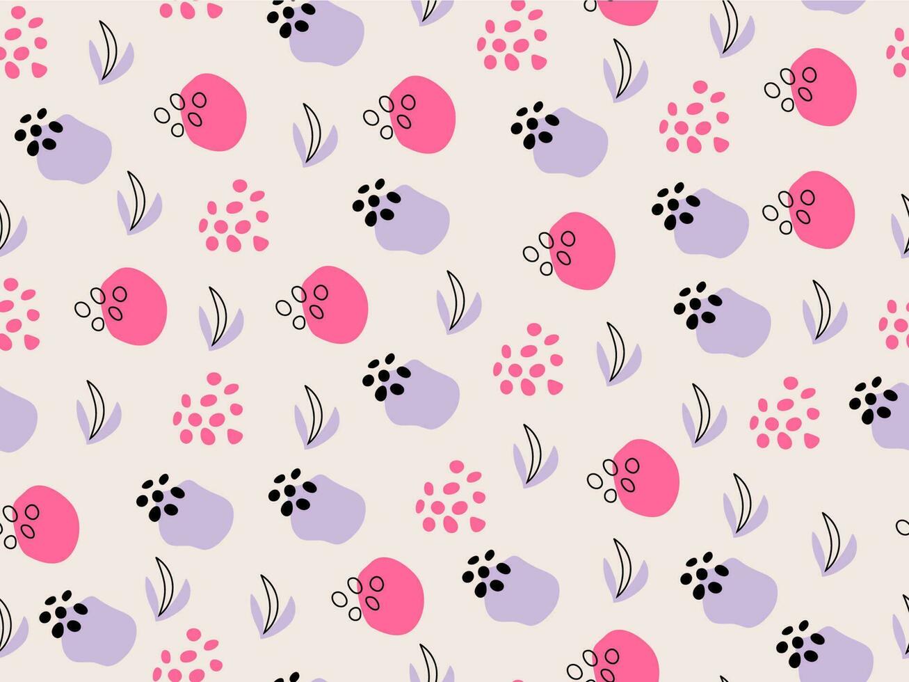 Sketchy Hand Draw abstract seamless Pattern with dots, spots, leaves. Rose pink violet graphic print. Pastel background. Vector dotted ornament. Wallpaper, furniture fabric, textile.